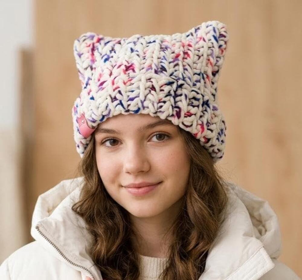 Handmade Chunky Crochet Cat Ear Beanie Hat White Pink Purple Kitty